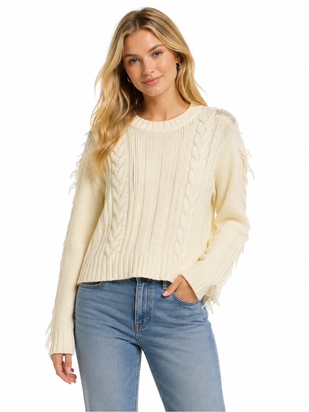 Cream Cable Knit Fringe Sweater - Women's Pullover - 1020